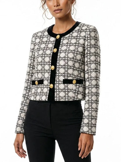 Geometric Tweed Jacket with Black Velvet Trim - Jackets