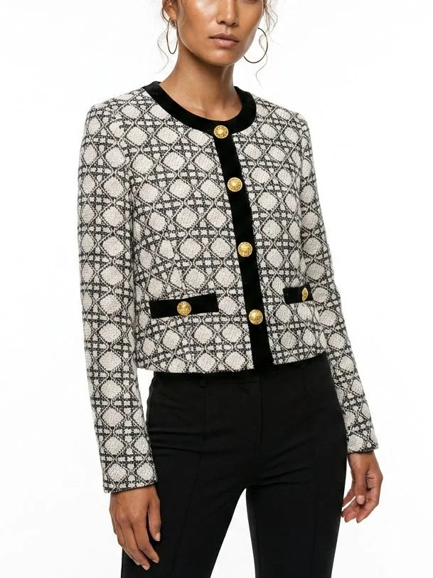Geometric Tweed Jacket with Black Velvet Trim - Jackets