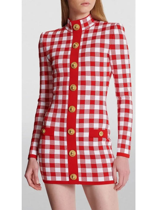 Gingham Fine Knit Dress in Red and White - Branna Couture