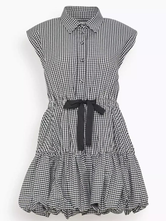 Gingham Bubble Mini Dress with Bow - Small - Dresses