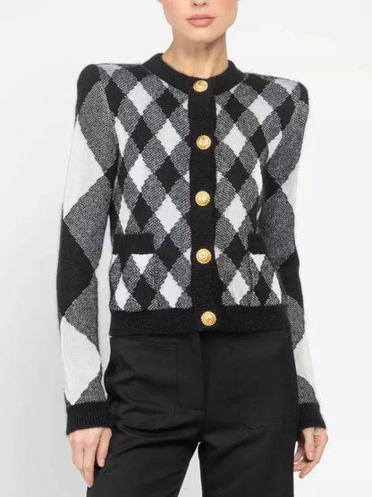 Women’s Gingham Knit Cardigan Sweater in Black and White Branna Couture