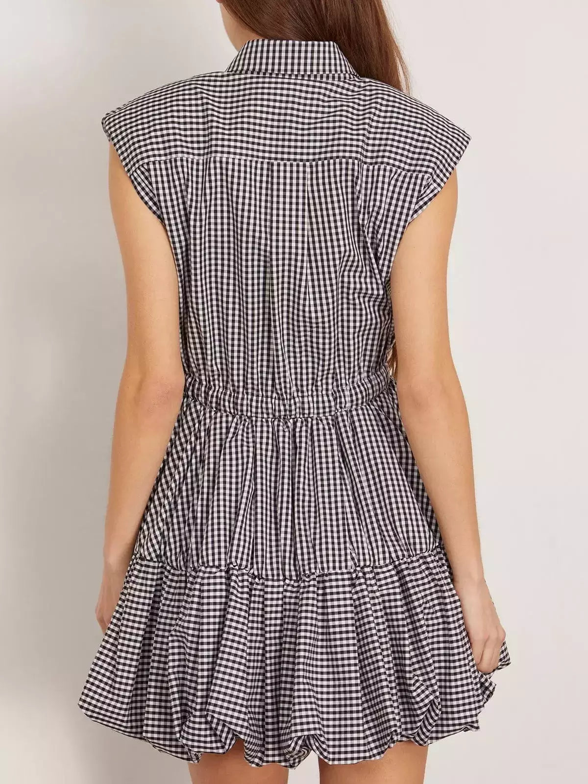 Gingham Bubble Mini Dress with Bow - Dresses