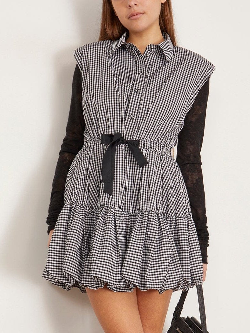 Gingham Bubble Mini Dress with Bow - Dresses