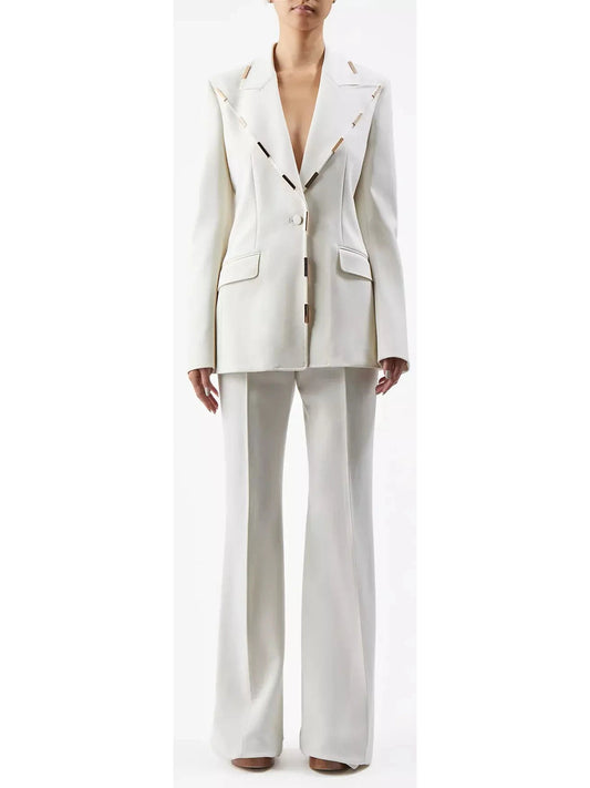 Gold-Bar Embellished Blazer & Pant Suit, Ivory - Branna Couture