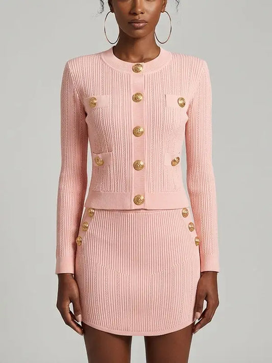 Gold-Button Ribbed Knit Cardigan and Mini Skirt Set - Small - Suits & Sets