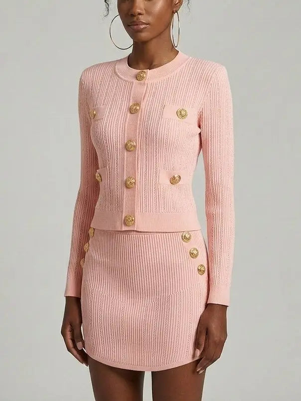 Gold-Button Ribbed Knit Cardigan and Mini Skirt Set - Suits & Sets
