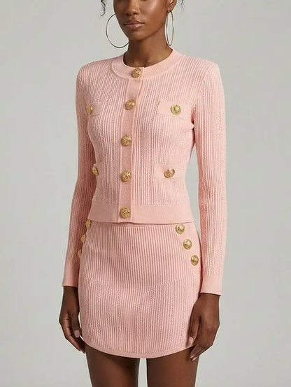 Gold-Button Ribbed Knit Cardigan and Mini Skirt Set - Suits & Sets