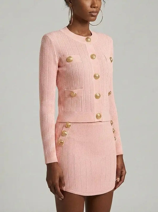 Gold-Button Ribbed Knit Cardigan and Mini Skirt Set - Suits & Sets