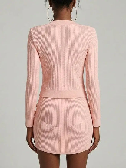Gold-Button Ribbed Knit Cardigan and Mini Skirt Set - Suits & Sets