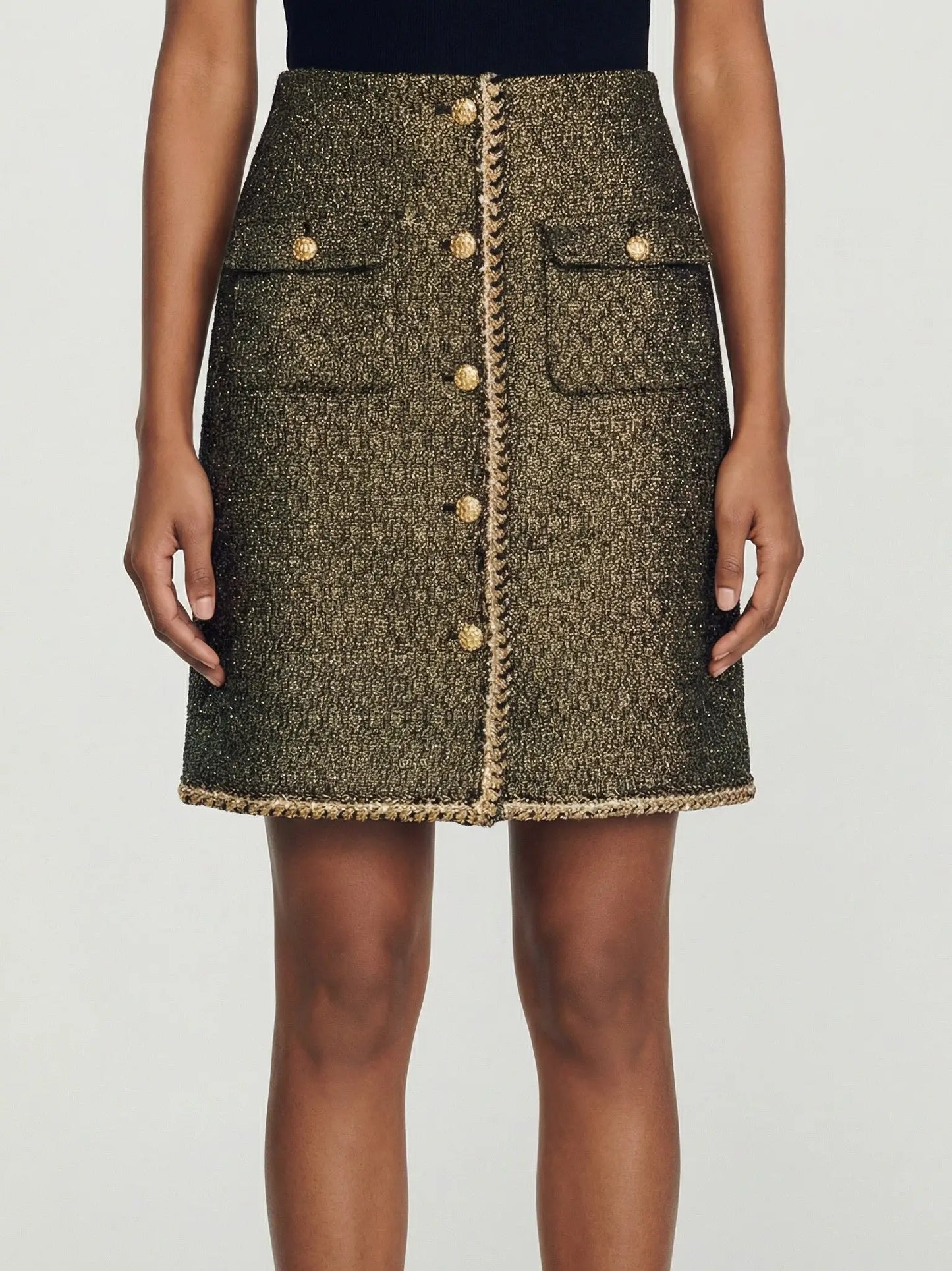 Gold-Button Tweed Mini Skirt with Braided Trim - Skirts