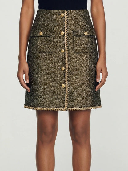 Gold-Button Tweed Mini Skirt with Braided Trim - Skirts