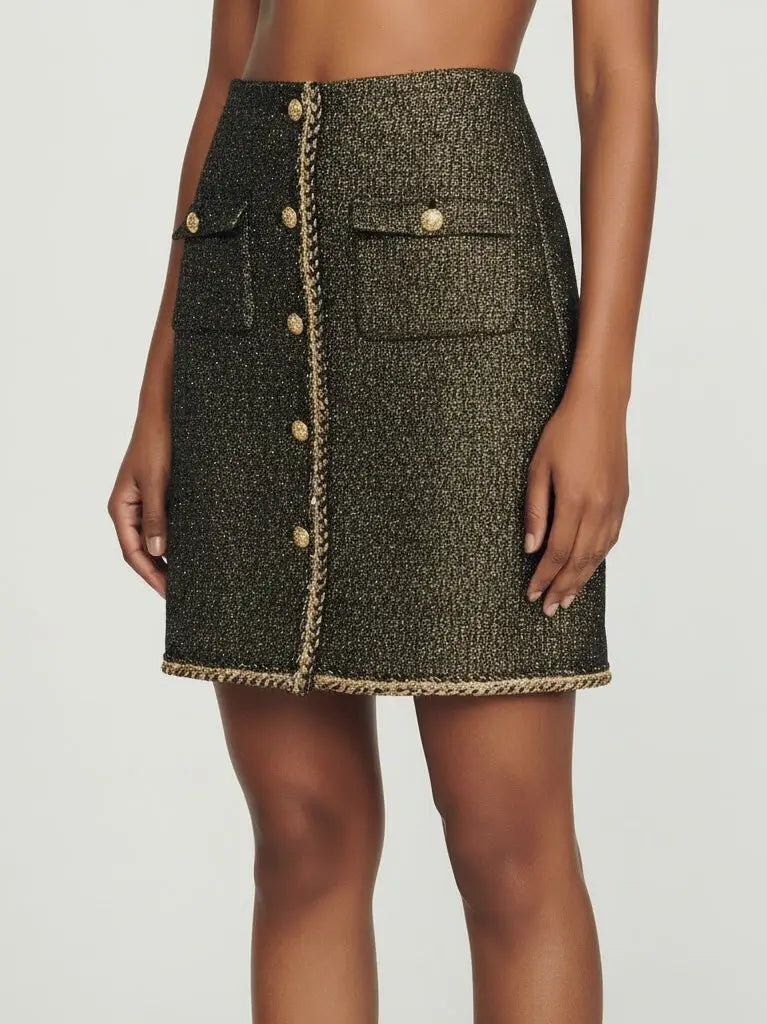 Gold-Button Tweed Mini Skirt with Braided Trim - Skirts