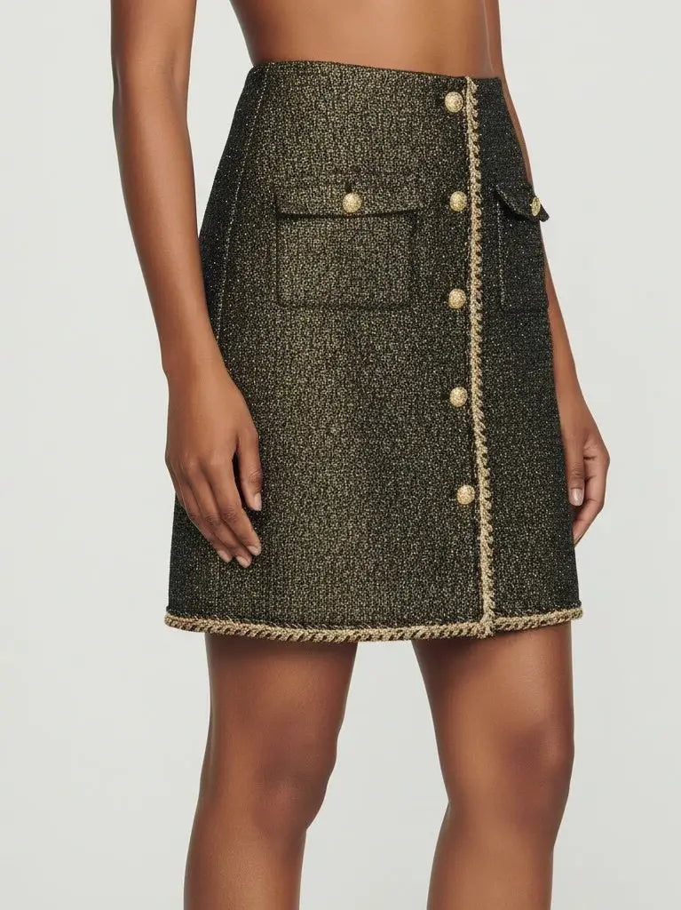 Gold-Button Tweed Mini Skirt with Braided Trim - Skirts