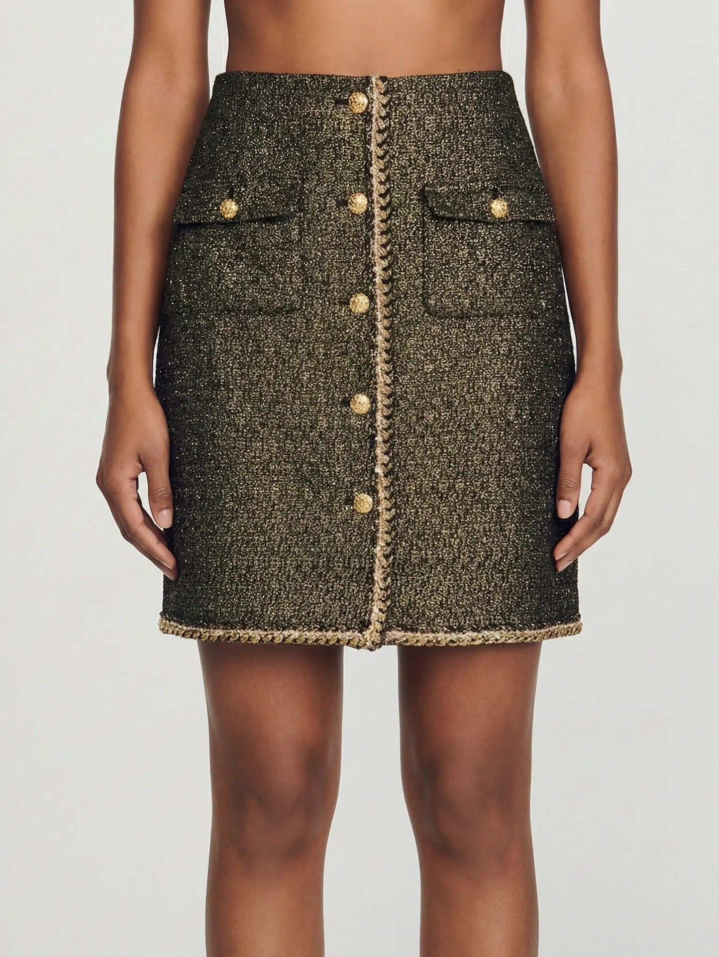 Gold-Button Tweed Mini Skirt with Braided Trim - Small - Skirts