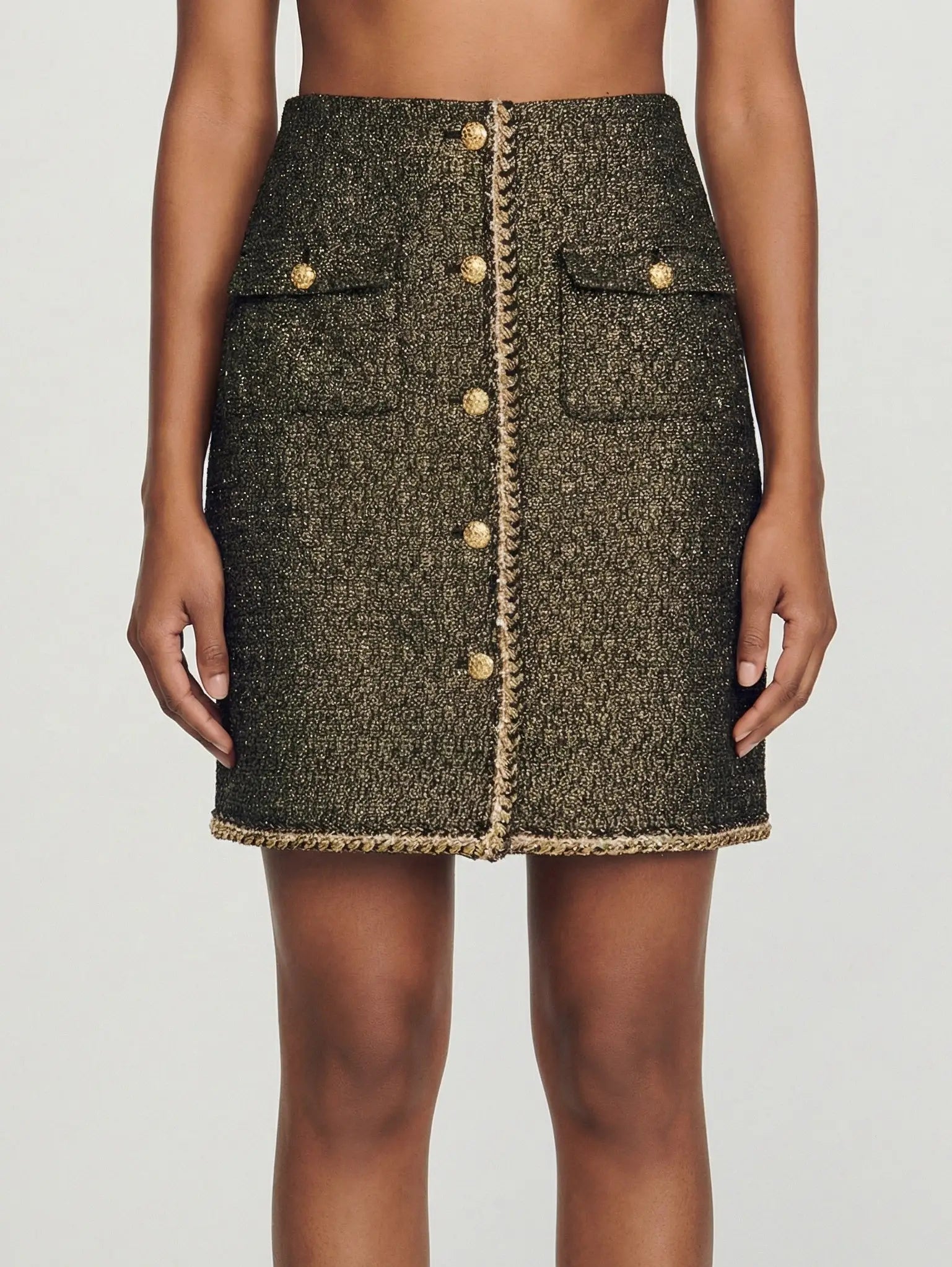 Gold-Button Tweed Mini Skirt with Braided Trim - Small - Skirts