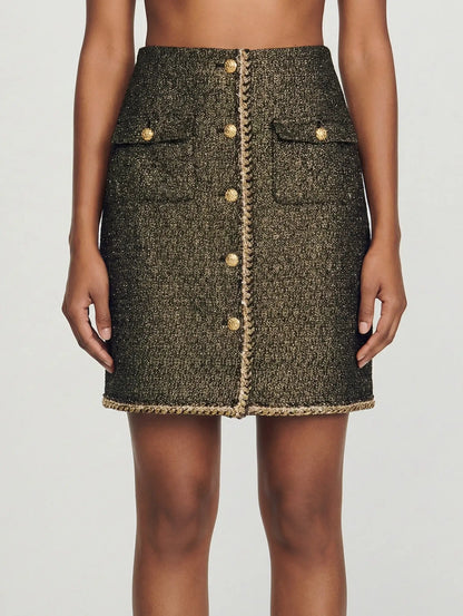 Gold-Button Tweed Mini Skirt with Braided Trim - Small - Skirts