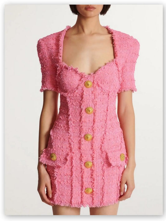 Gold-Buttoned Pink Tweed Short-Sleeve Mini Dress - Branna Couture