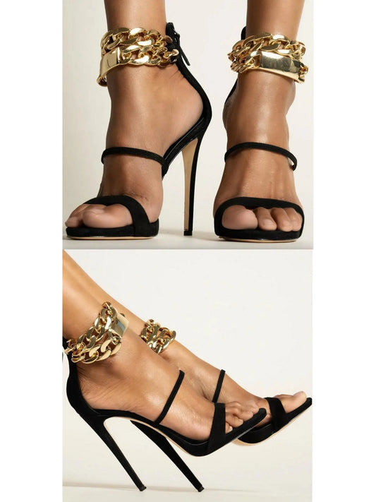 Gold-Chain Open-Toe Suede High Heel Sandals in Black - Branna Couture