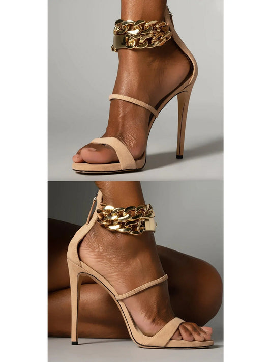 Gold-Chain Open-Toe Suede High Heel Sandals in Tan - Branna Couture