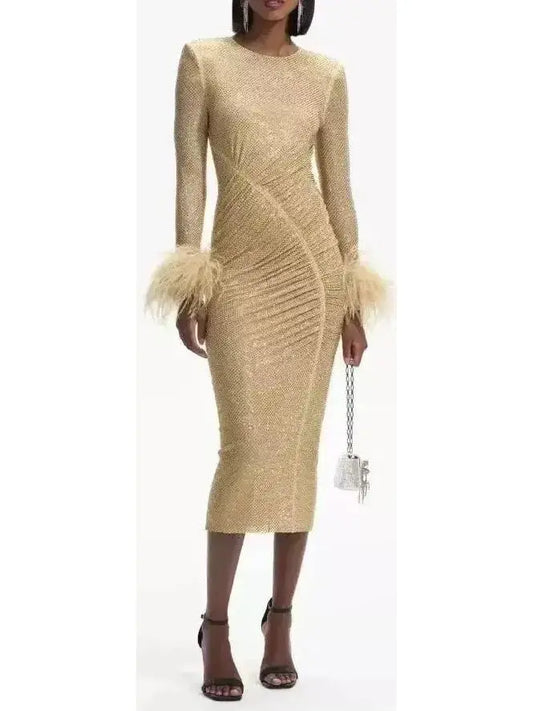 Gold Crystal Feather Midi Dress - Branna Couture