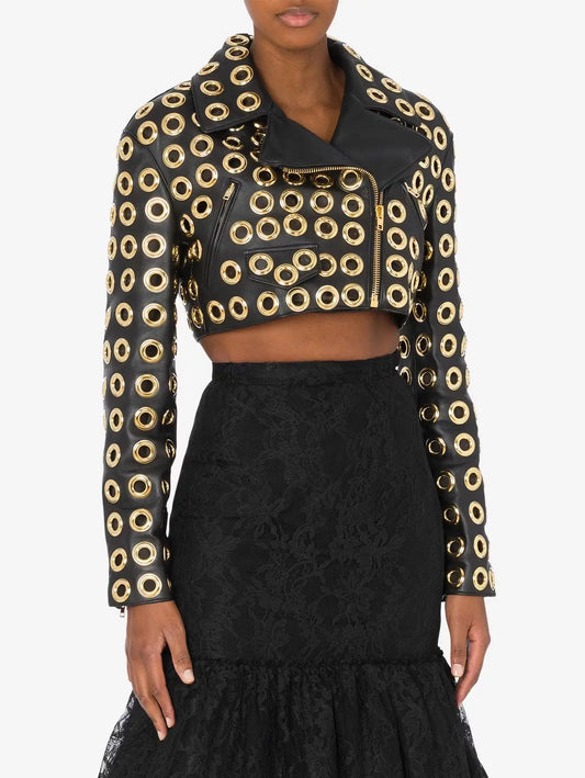 Gold Eyelet-Embellished Biker Jacket - Branna Couture