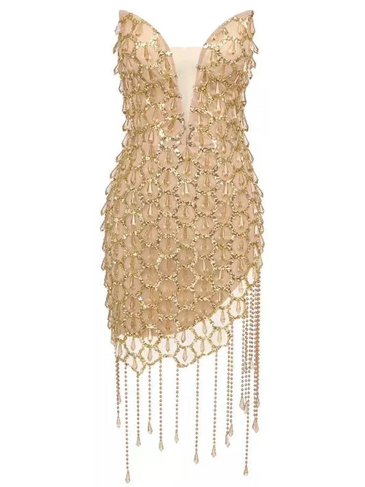 Gold Jewel and Chain Fringe Mini Dress - Branna Couture