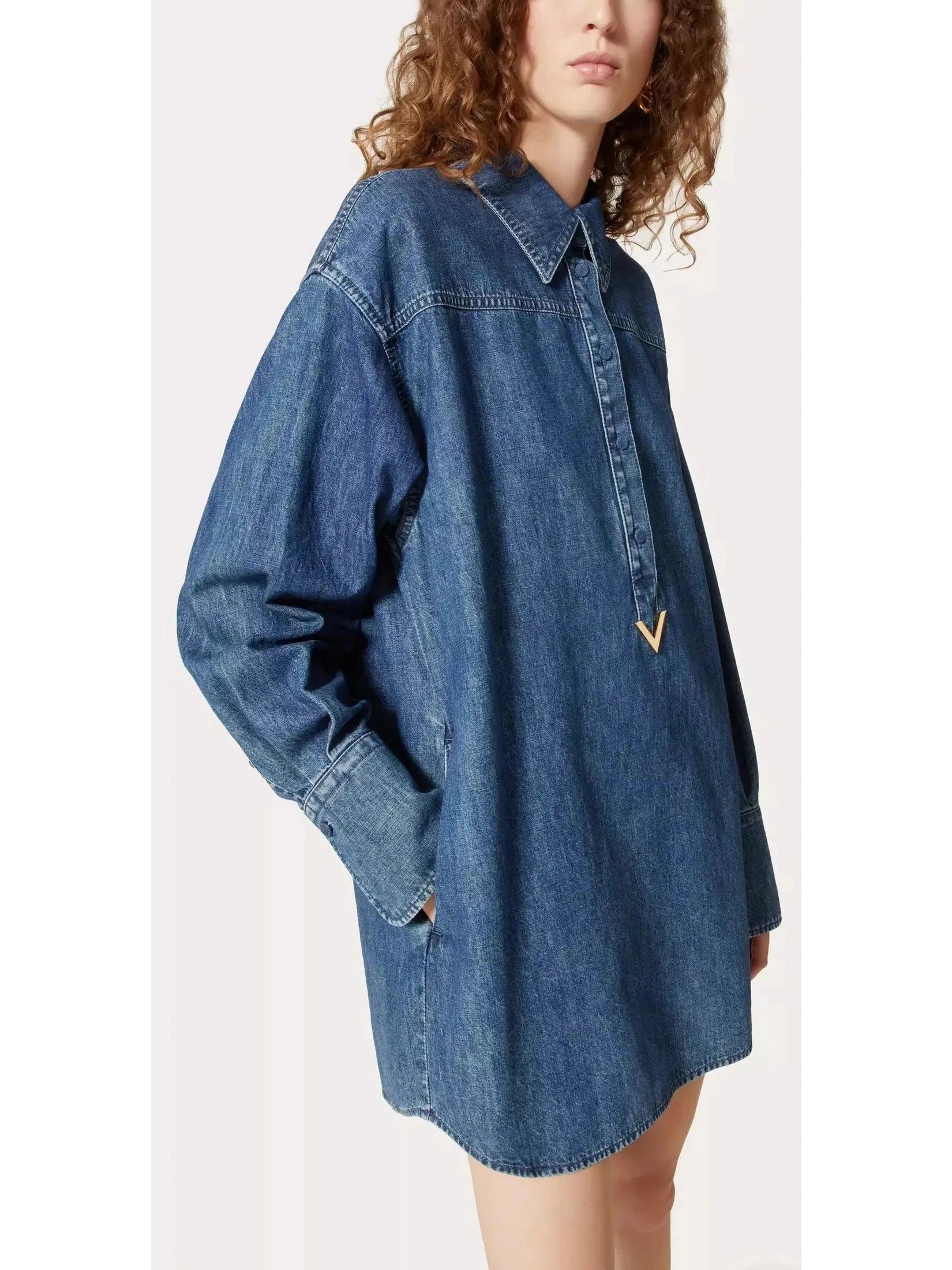 Gold-V Chambray Denim Shirt Dress - Branna Couture