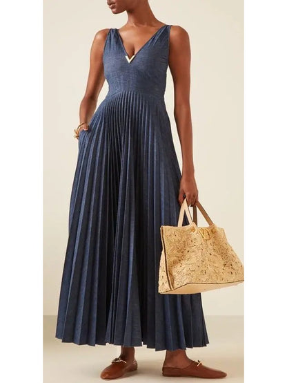 Gold-V Pleated Long Denim Dress - Branna Couture