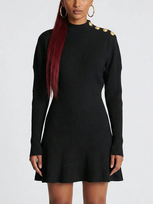 Gold Button Ribbed Knit Mini Dress - S / Black - Dresses