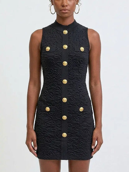 Gold Button Sleeveless Knit Mini Dress - S / Black - Dresses