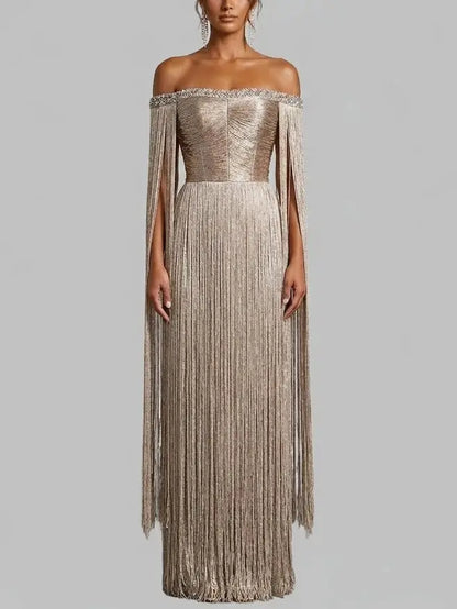 Gold Fringe Off Shoulder Maxi Dress with Rhinestones - S - Dresses