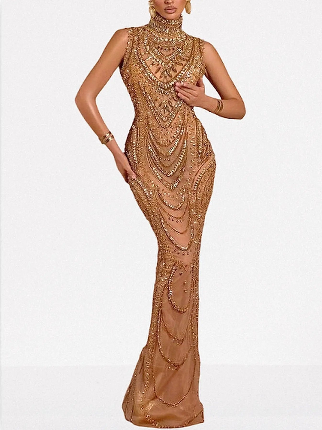 Gold Fully Embellished High-Neck Evening Gown - XS - Dresses