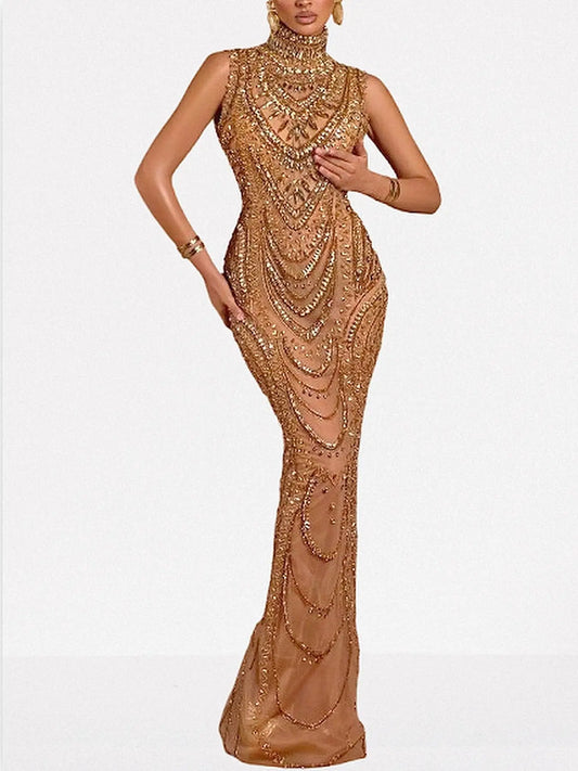 Gold Fully Embellished High-Neck Evening Gown - XS - Dresses