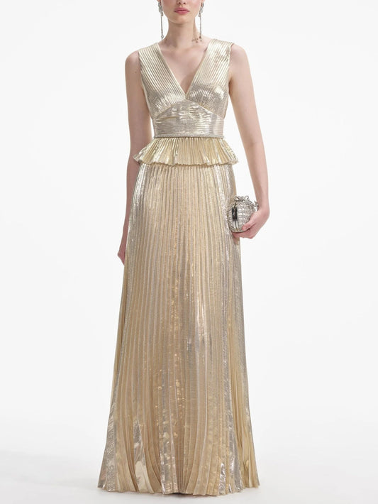 Gold Metallic Pleated Sleeveless Gown XS Dresses