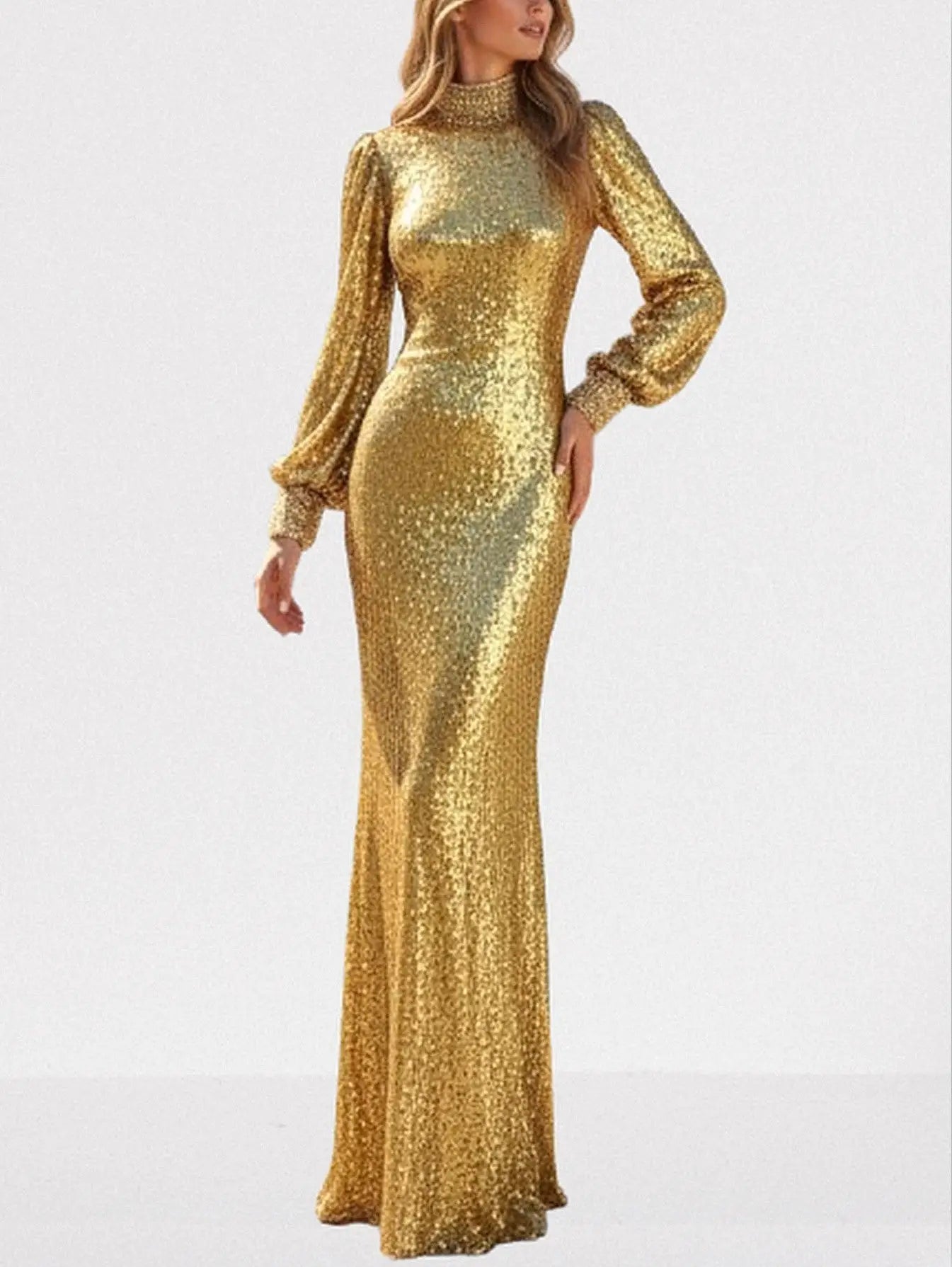 Gold Sequin Long-Sleeve Evening Gown - S