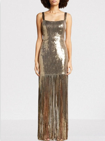 Gold Sequin Sleeveless Fringed Maxi Dress - XS - Dresses