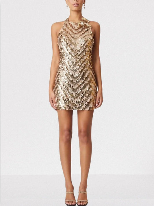 Gold Sequined Halterneck Mini Dress with Appliques - Small - Dresses