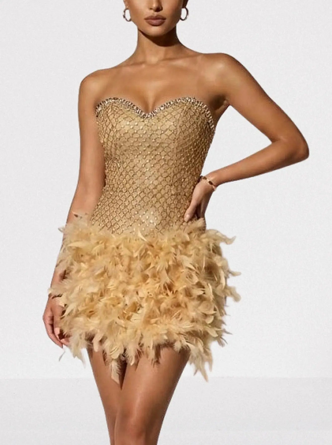 Gold Strapless Beaded Mini Dress with Feather Skirt