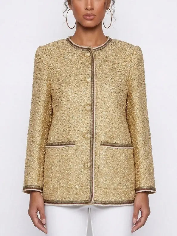 Gold Textured Collarless Jacket with Silk Lining - Small - Jackets