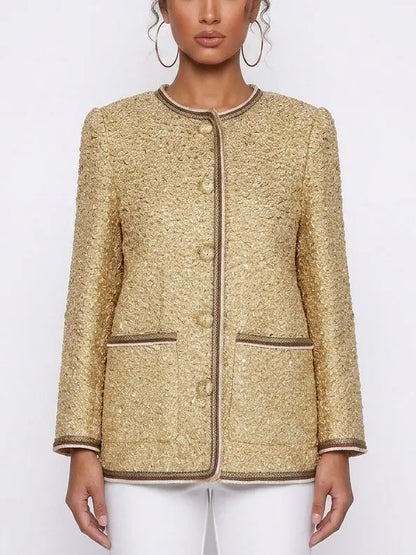 Gold Textured Collarless Jacket with Silk Lining - Small - Jackets