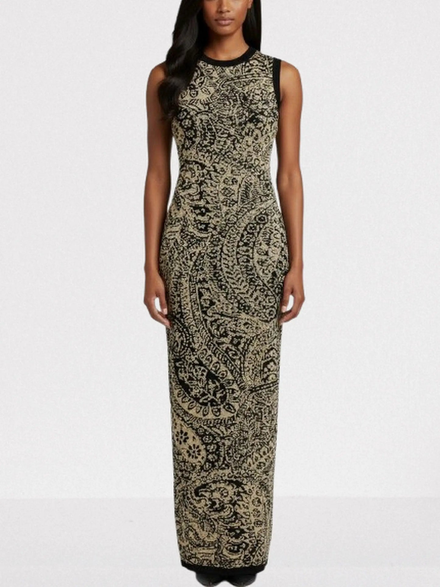 Gold & Black Paisley Knit Maxi Dress - S - Dresses