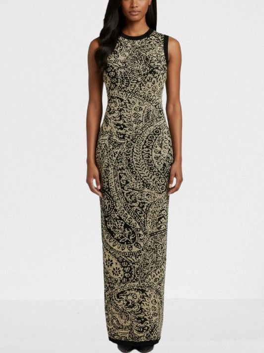 Gold & Black Paisley Knit Maxi Dress - S - Dresses