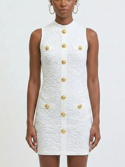Gold Button Sleeveless Knit Mini Dress - S / White - Dresses