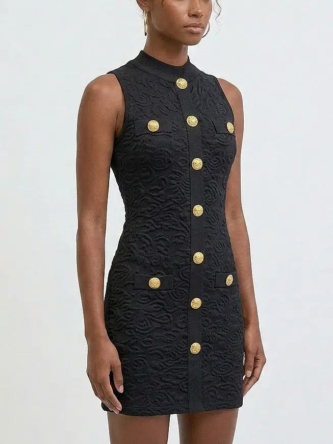 Gold Button Sleeveless Knit Mini Dress - Dresses