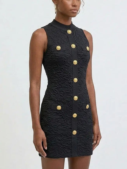 Gold Button Sleeveless Knit Mini Dress - Dresses