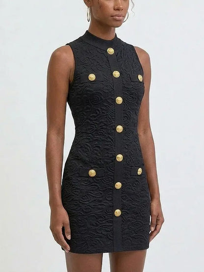 Gold Button Sleeveless Knit Mini Dress - Dresses