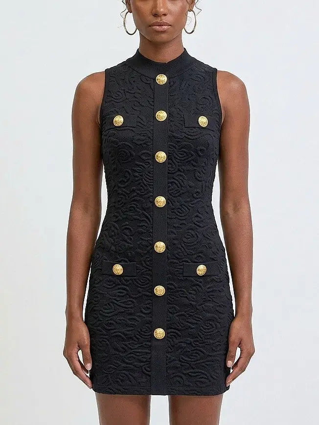 Gold Button Sleeveless Knit Mini Dress - Dresses