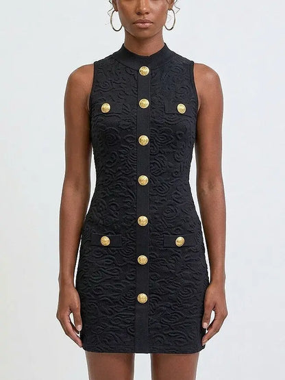 Gold Button Sleeveless Knit Mini Dress - Dresses