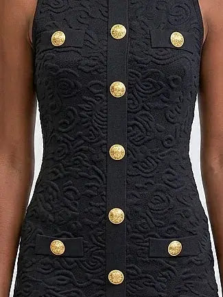 Gold Button Sleeveless Knit Mini Dress - Dresses