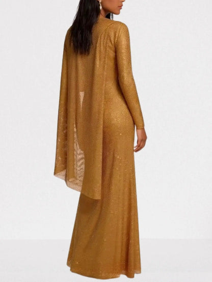 Gold Crystal Embellished Cape-Sleeve Gown - Dresses